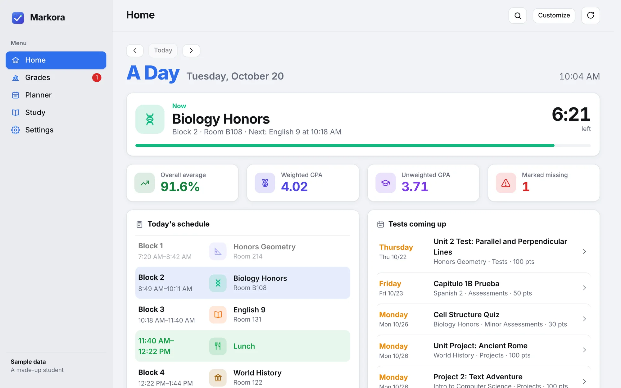 Markora's Home screen for a sample student: the class happening now with a countdown, average, weighted and unweighted GPA, today's schedule and upcoming tests.